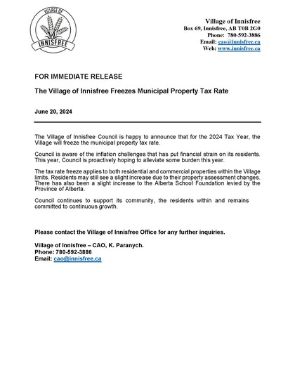 For Immediate Release - Village of Innisfree Freezes the Property Tax Rate
